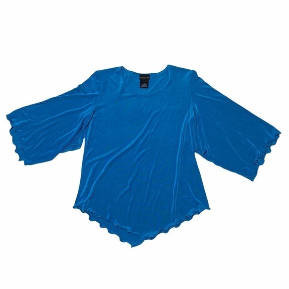 CITIKNITS Blue 3/4 Sleeve Asymmetrical Scalloped Hem Blouse - Picture 5 of 11